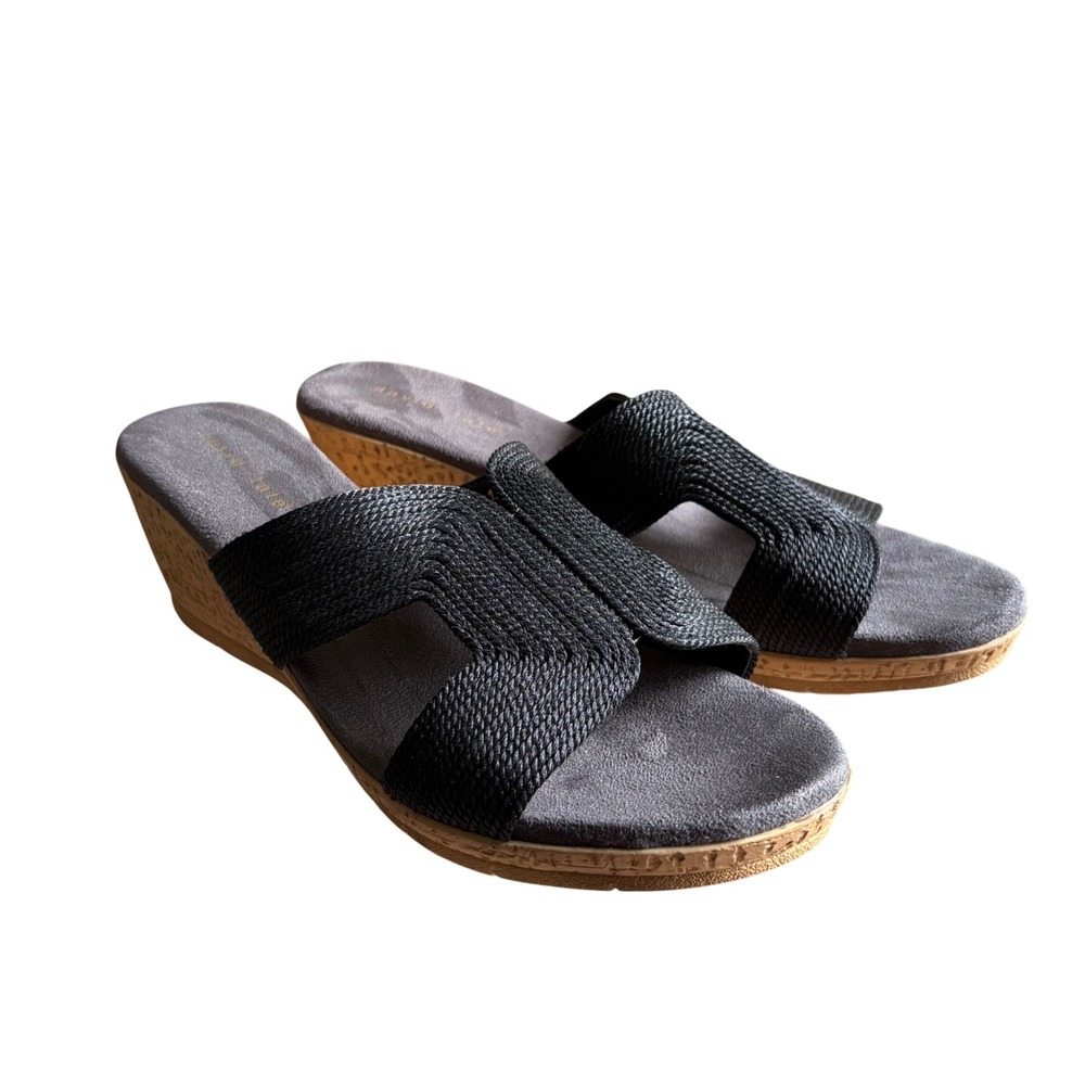 David Tate Womens 12M Black Fabric Wedge Slide Sandals MWS23-443 Cork Look Heel